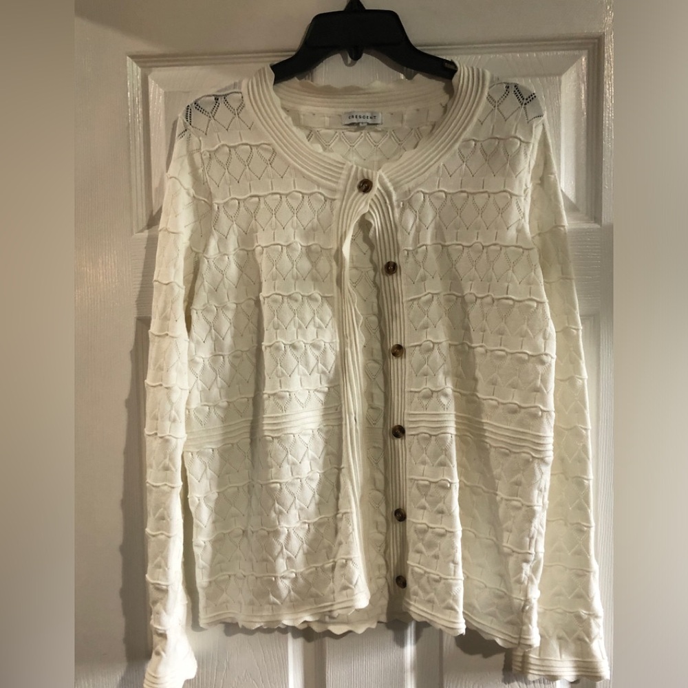 Adored vintage “crescent” stretchy white cardigan size L